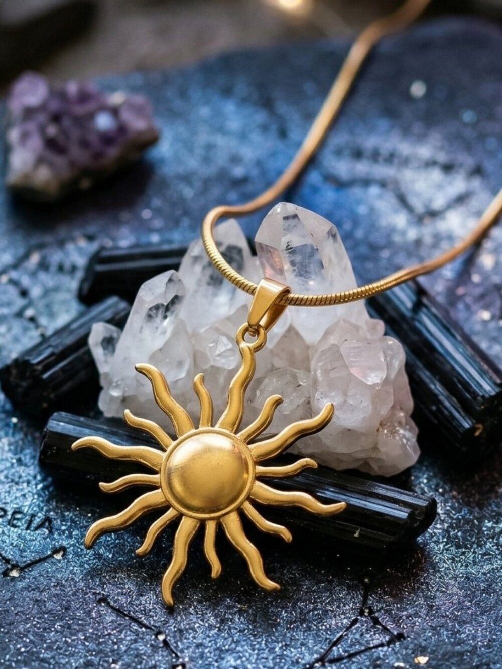 18K Gold Plated Sun Pendant Necklace Stainless Steel Snake Chain Celestial Boho